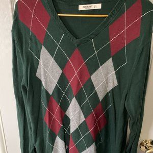 large old navy green sweater red grey checked argyle pattern